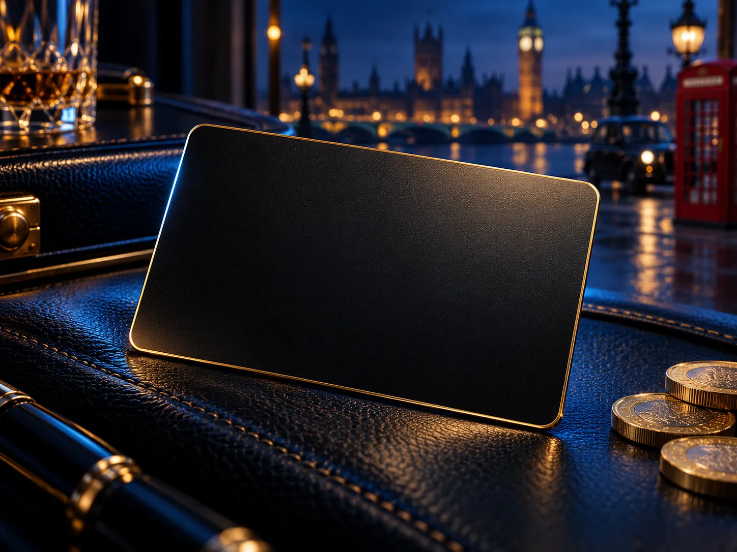 Premium black and gold membership card resting on dark leather surface with cinematic soft lighting and deep navy editorial s