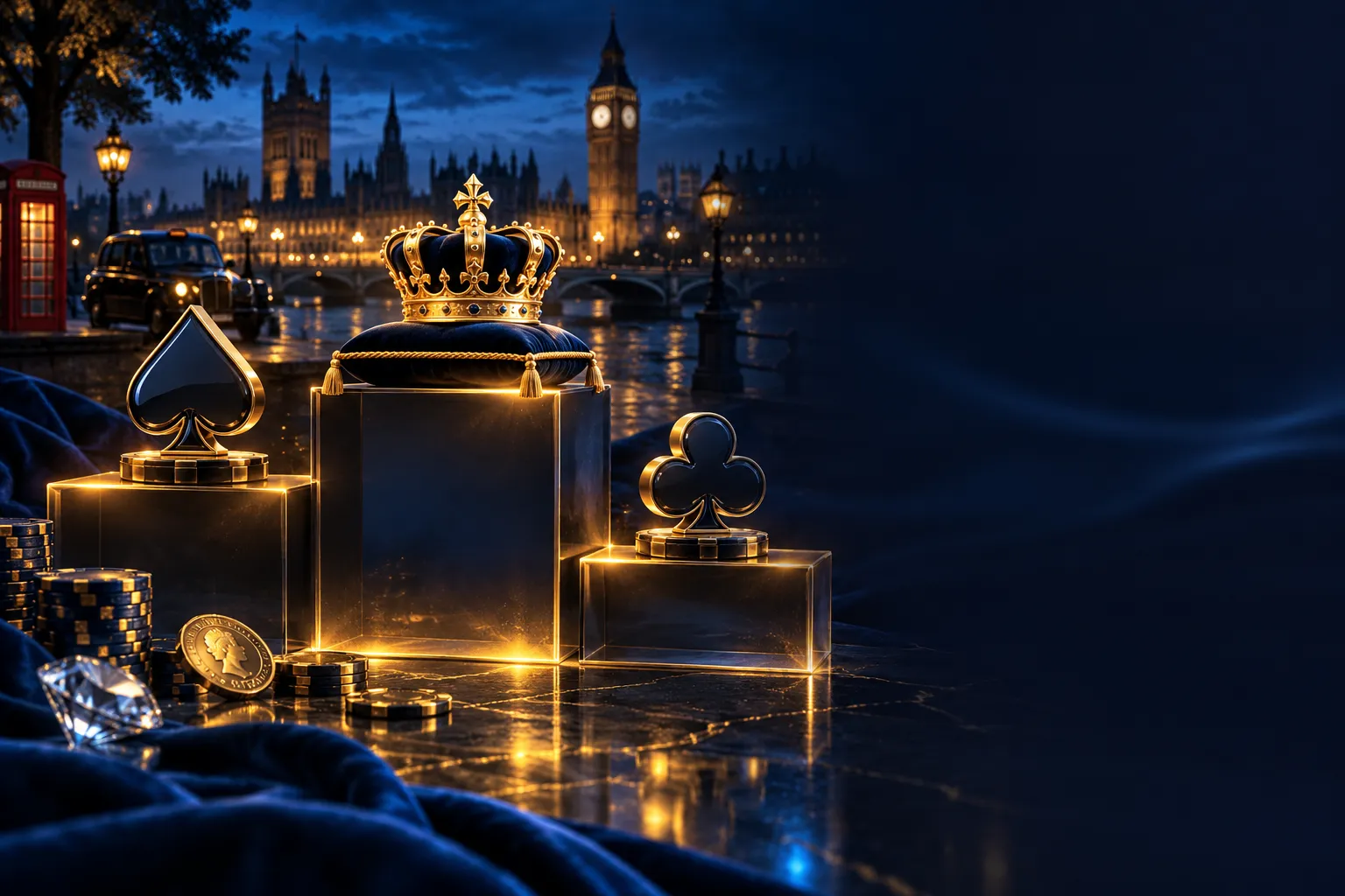 Abstract dark glass podium blocks with warm gold glowing accents on deep navy background, cinematic editorial casino ranking 