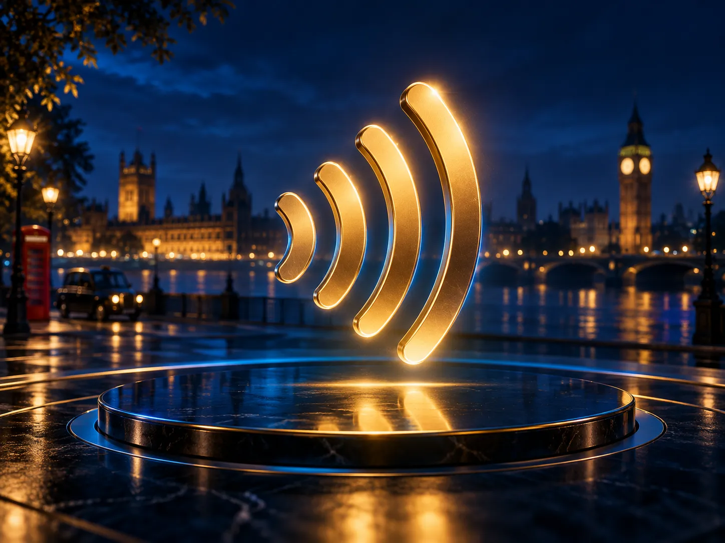 A glowing gold contactless payment wave icon radiates against a deep navy background with subtle UK-themed accents and electr