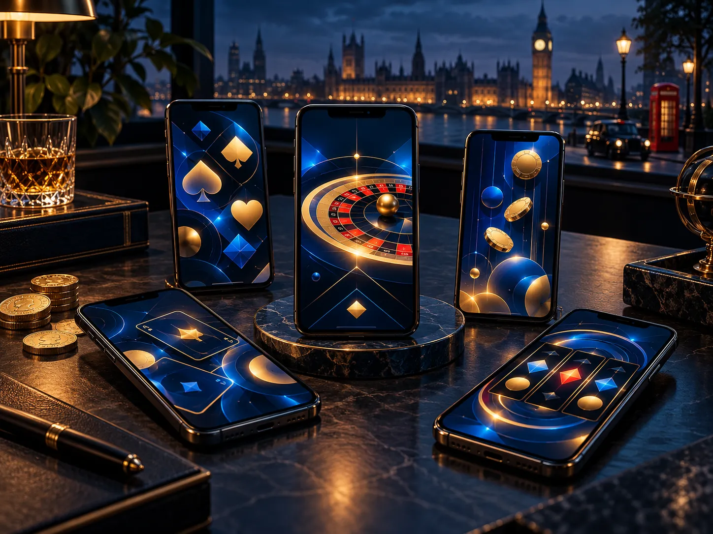 Editorial illustration of a dark navy desk displaying multiple smartphones with abstract casino screens, accented with gold a