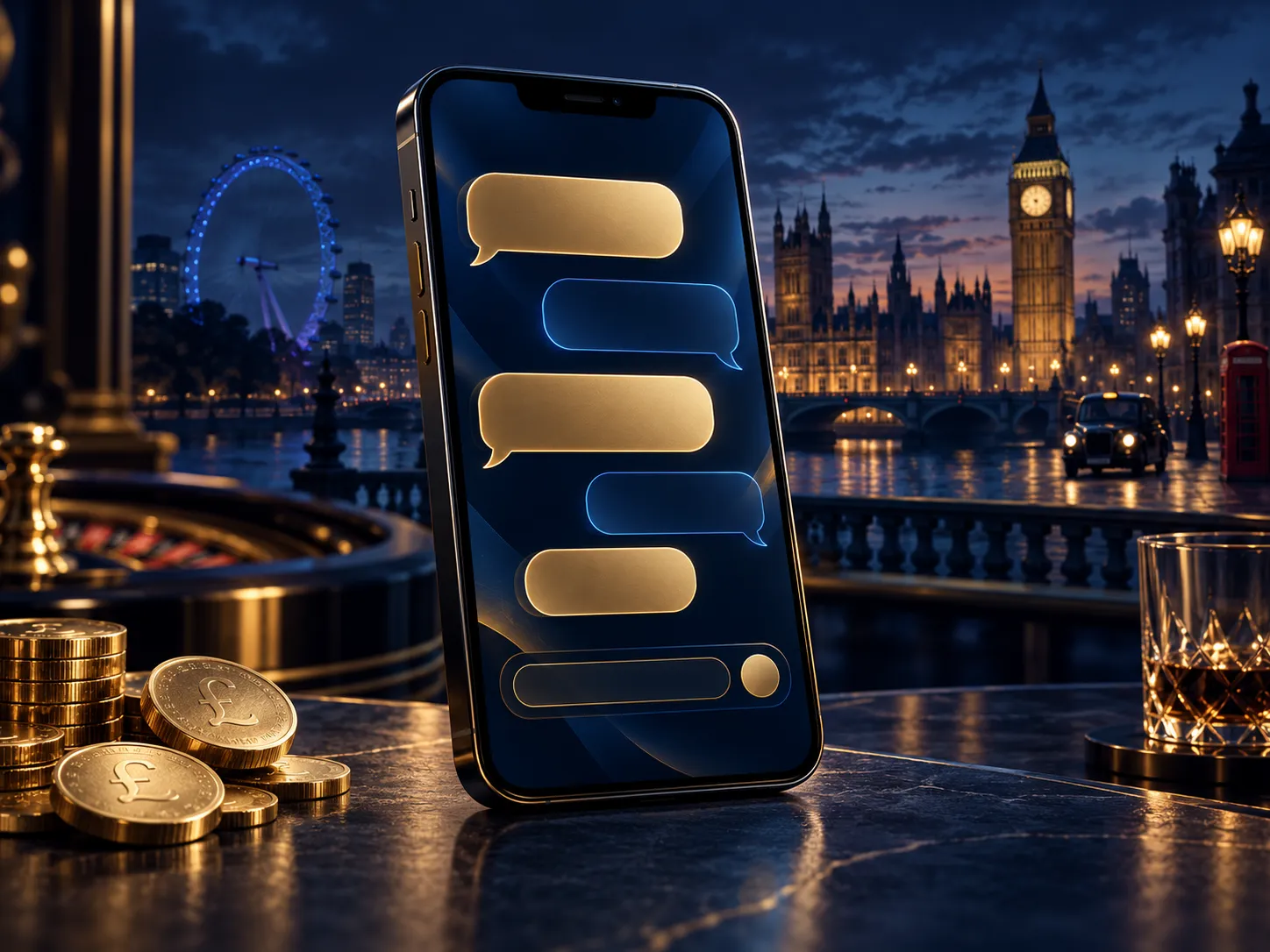 Dark smartphone screen displaying a gold chat bubble interface against deep navy background with electric blue accents and su