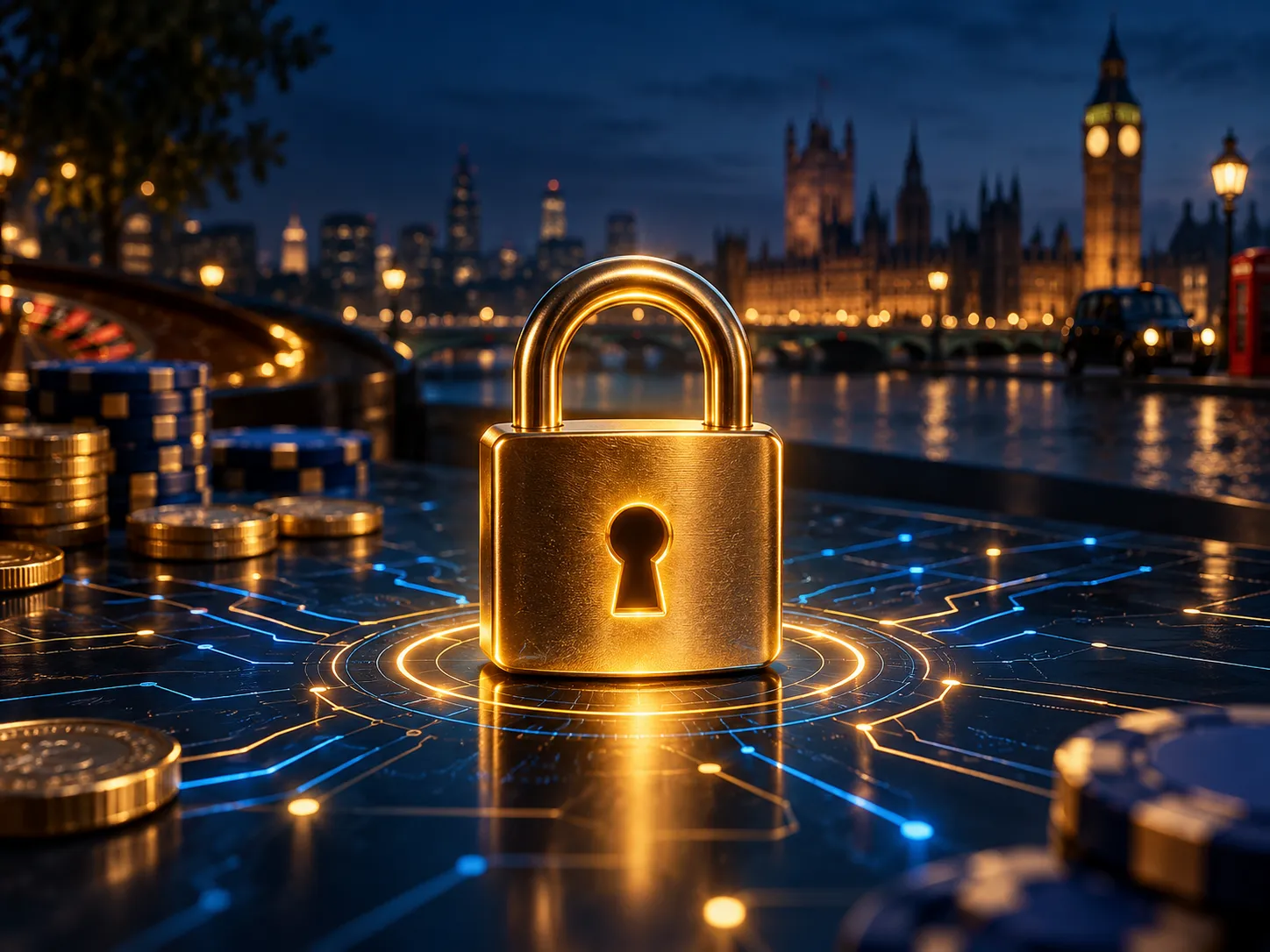 A glowing gold padlock resting on a dark circuit-patterned surface with electric blue highlights and deep navy background