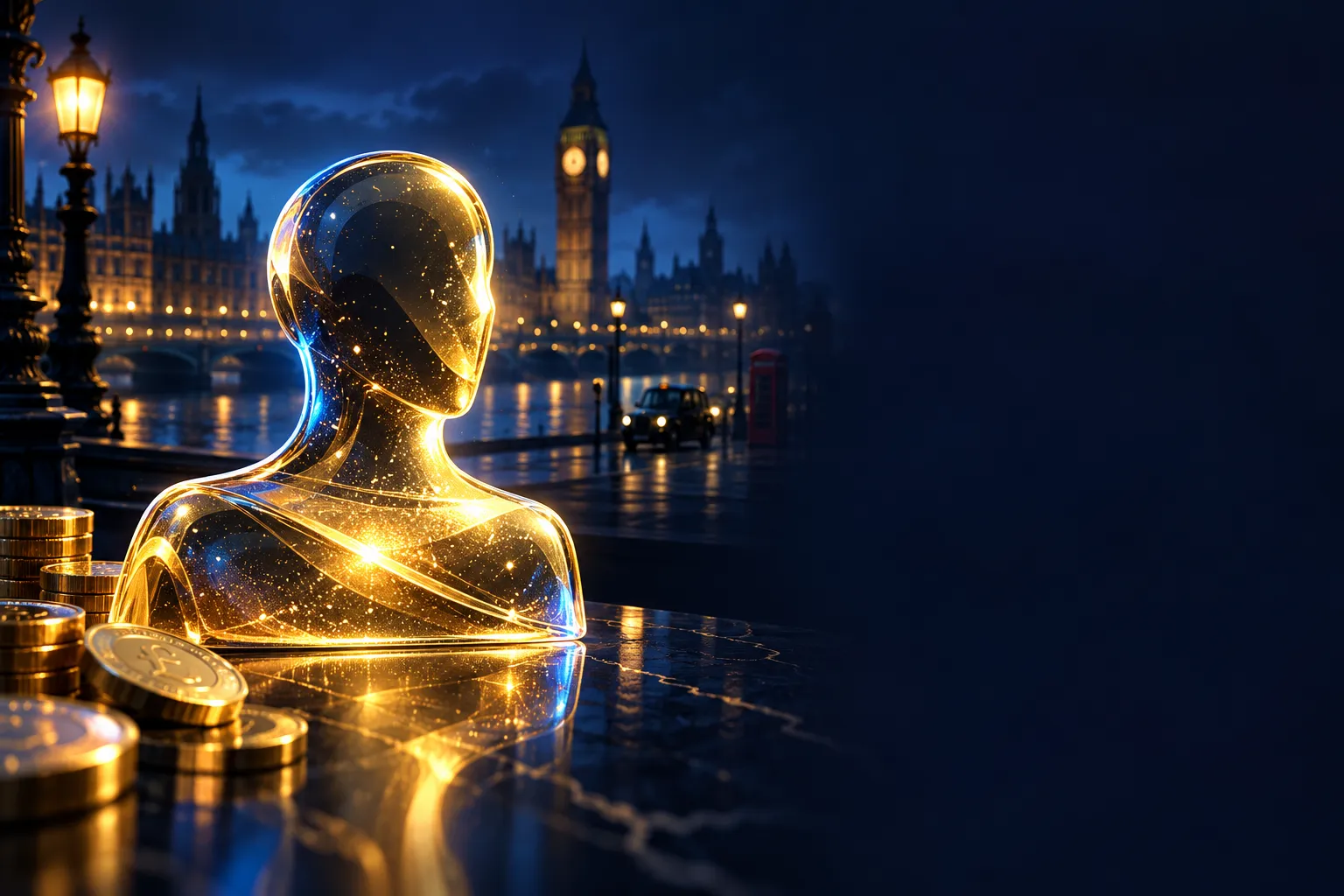 Glowing gold user profile silhouette emerging from dark glass panel against deep navy background with electric blue highlight