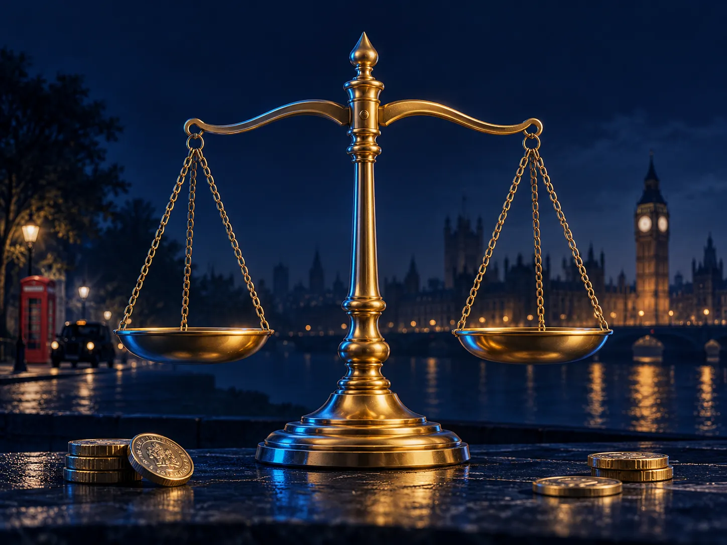 Gold balance scale centred on deep navy background with electric blue highlights and subtle London skyline silhouette, premiu