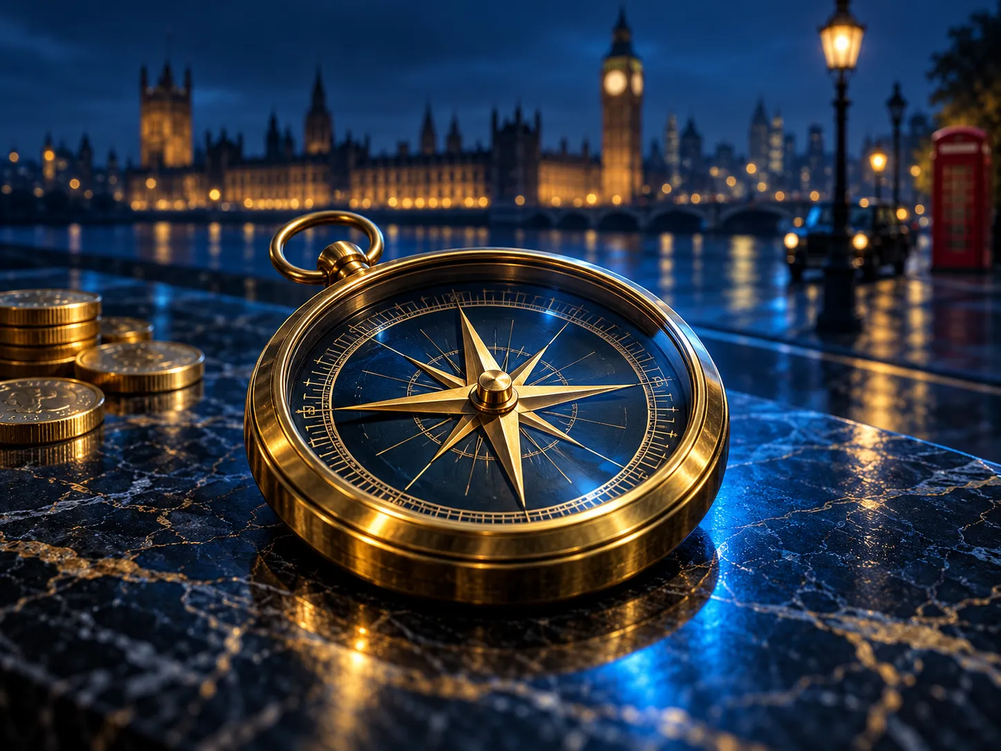 A gleaming gold compass resting on dark marble, lit with cinematic soft light against a deep navy background with subtle Brit