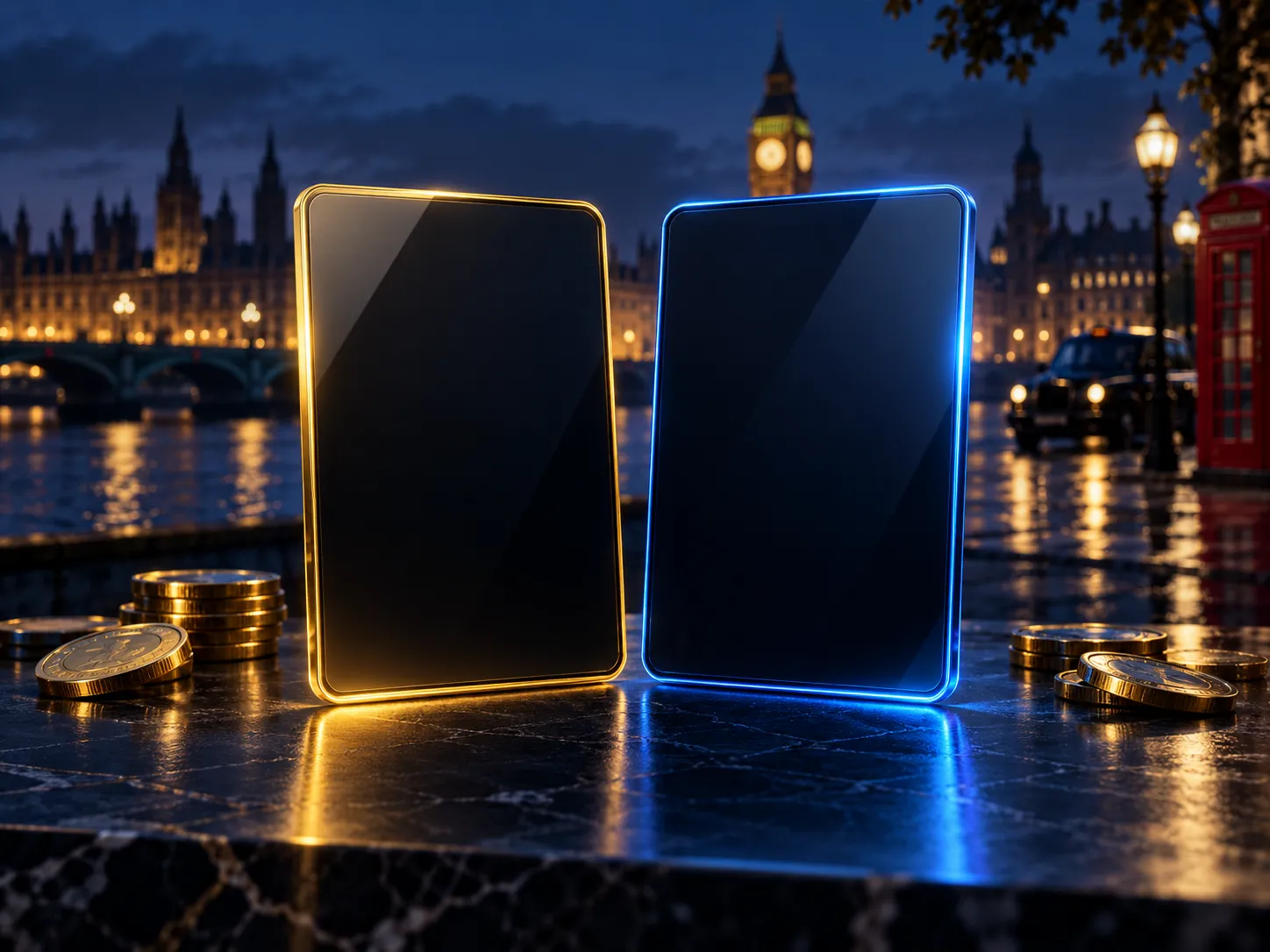 Two dark glass playing cards side by side, one with a gold frame, set against a deep navy background with electric blue and g