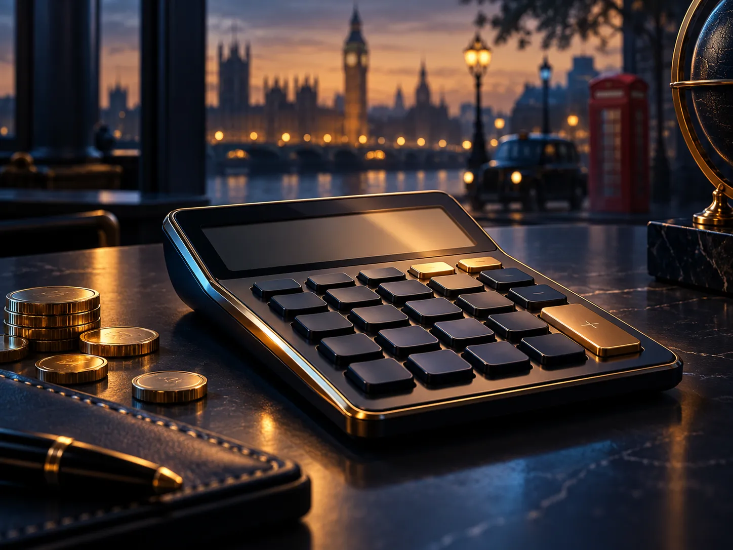 Semi-realistic digital painting of a calculator on a dark navy desk bathed in warm gold glow, with subtle London skyline silh