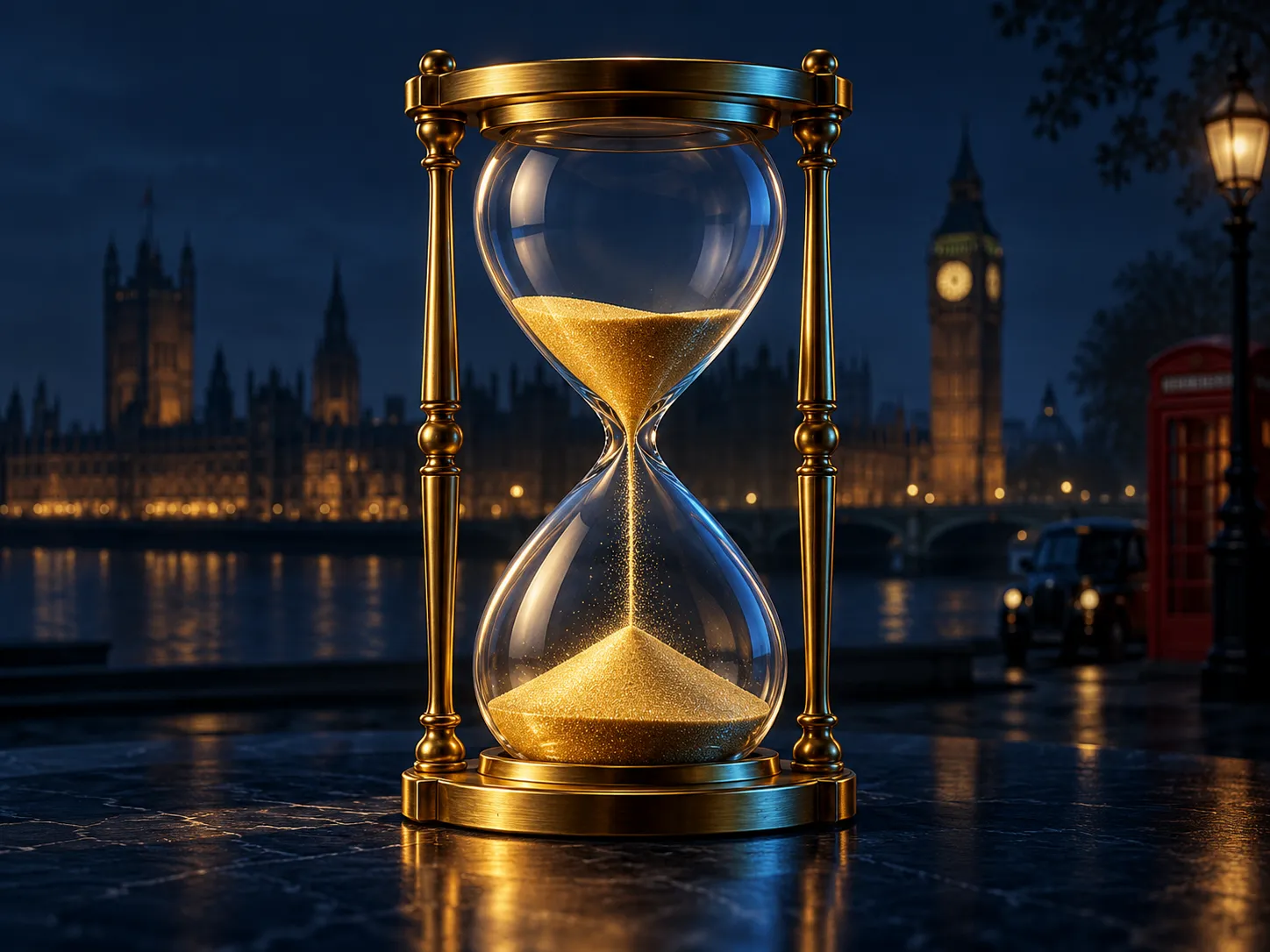 A gleaming gold hourglass on a deep navy background with electric blue cinematic lighting and warm golden accents, editorial