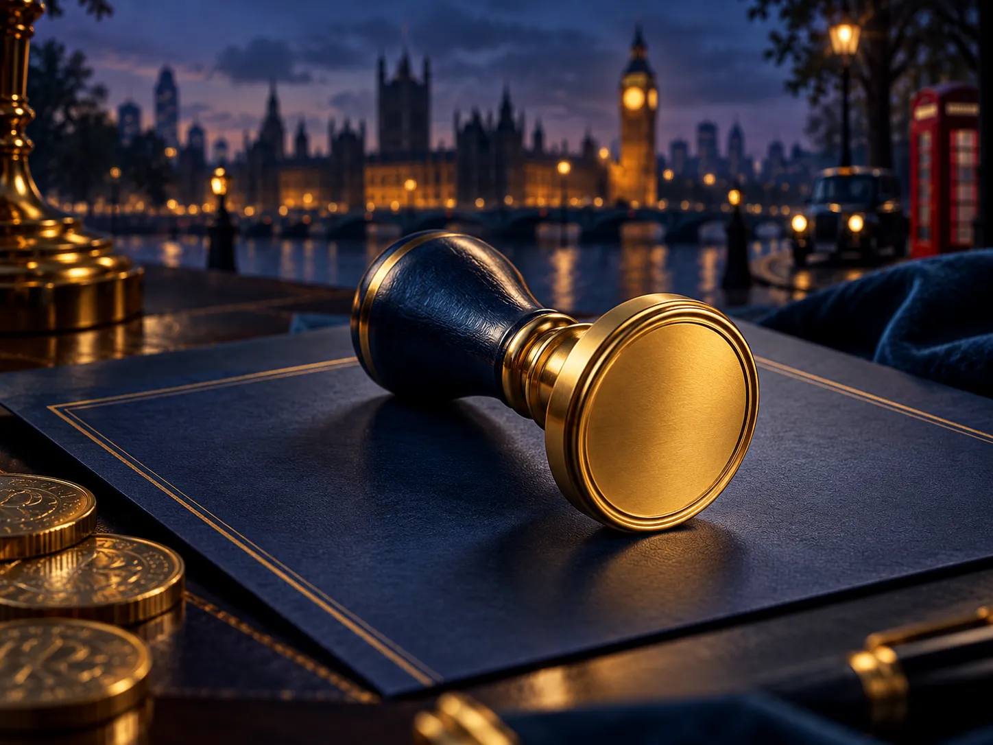 A gold ring pressed into a wax seal stamp on a dark navy document, with warm golden accents and soft cinematic lighting