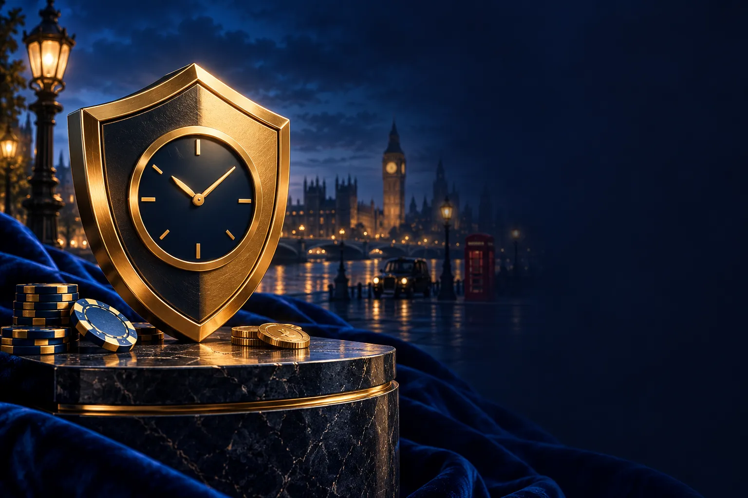 Premium editorial illustration of a gold shield and clock icon on deep navy background with electric blue and warm gold accen