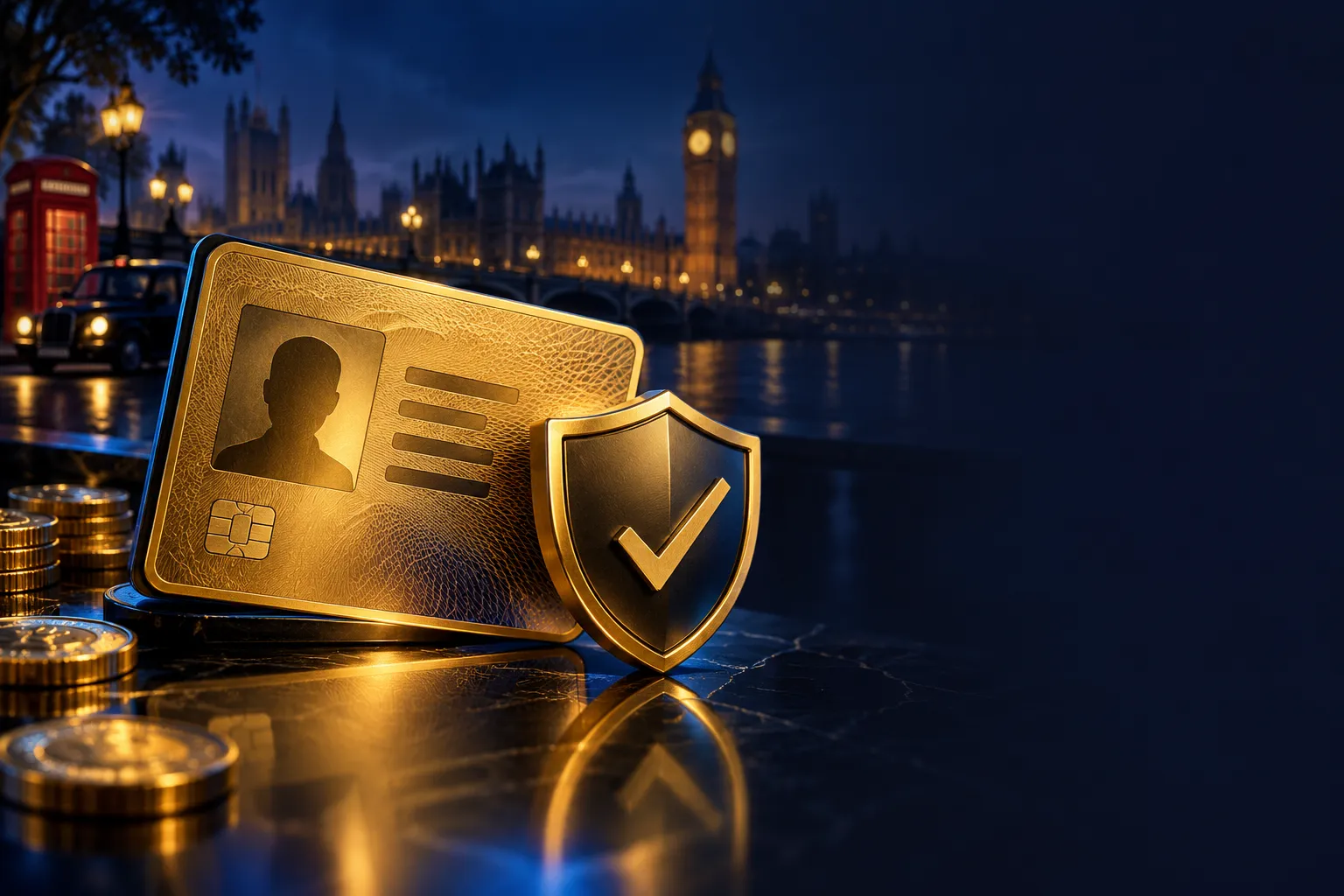Gold identity card and shield icon floating over dark reflective glass surface with deep navy and electric blue editorial lig