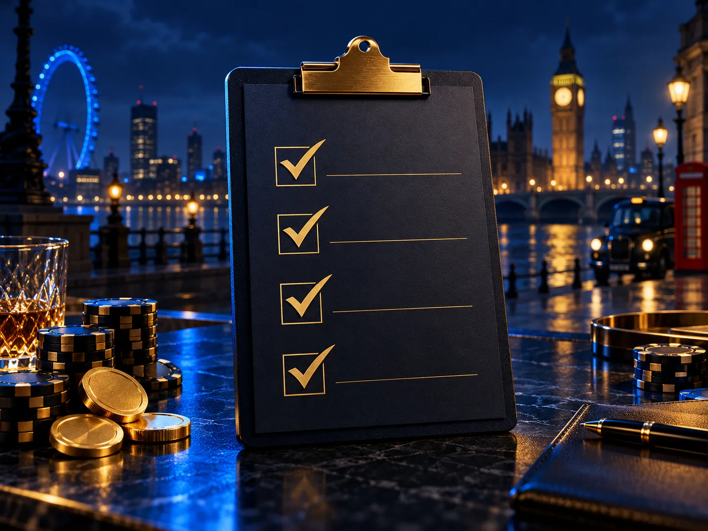 A dark clipboard with a gold-ticked checklist, set against a deep navy background with electric blue accents and subtle Londo