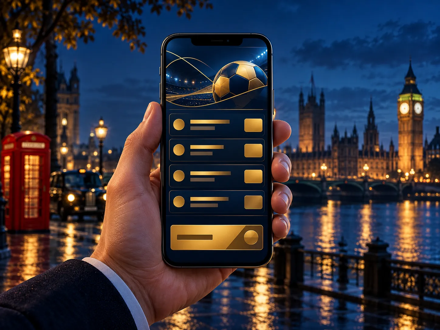 A hand holds a smartphone displaying an abstract gold betting ticket UI, set against a deep navy background with electric blu