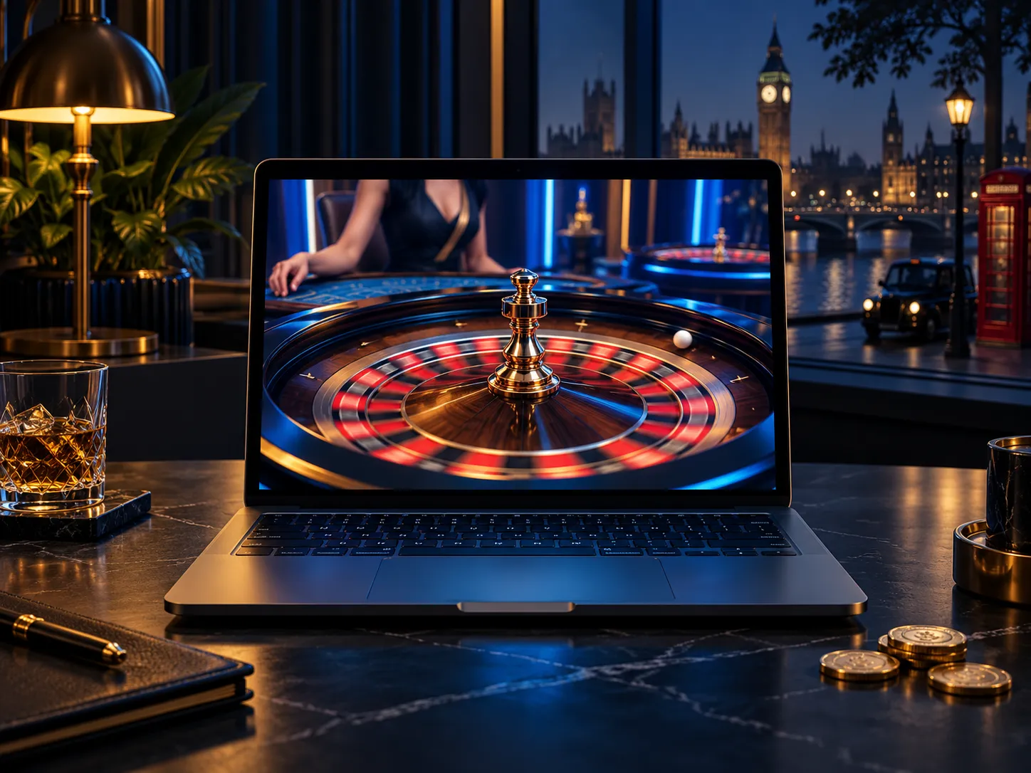A laptop glowing with an abstract live roulette feed in a cinematic dark navy room, electric blue and gold light casting dram