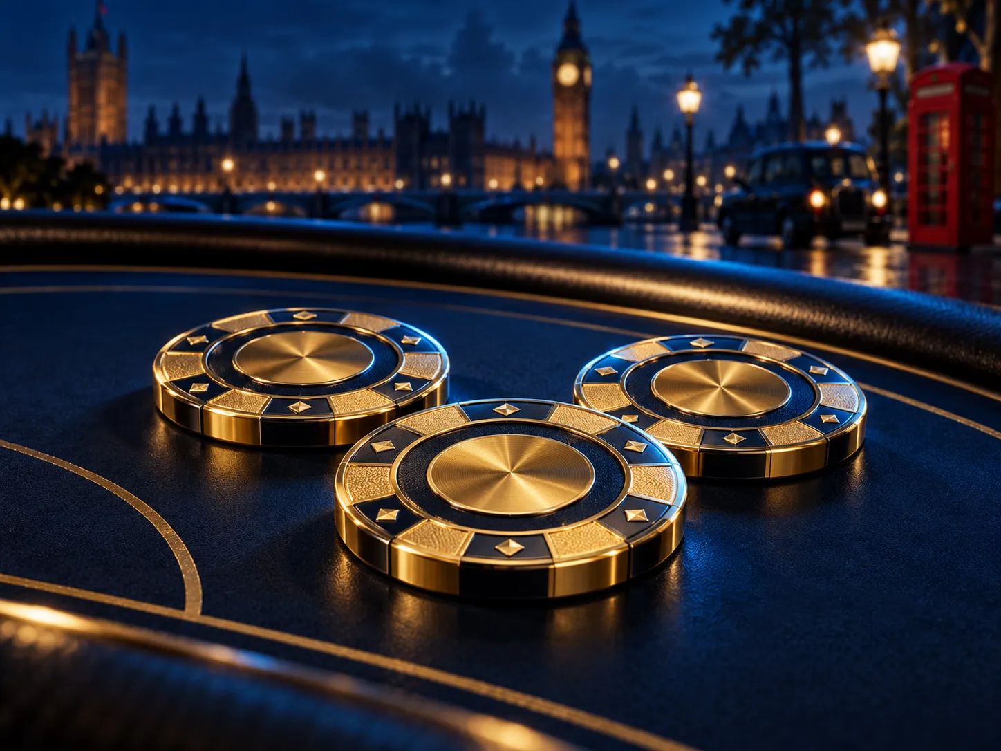 Three gleaming gold spin tokens arranged on a deep navy table, lit cinematically with warm gold and electric blue accents in