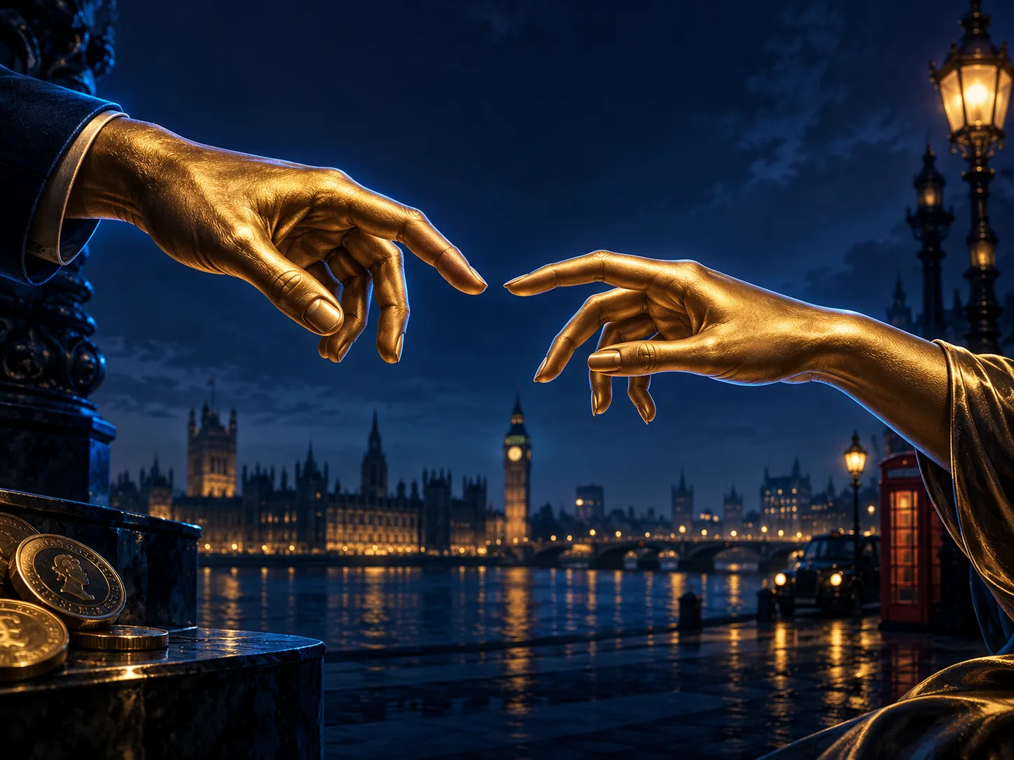 Two gold hands reaching toward each other against a deep navy background with cinematic soft lighting and electric blue accen